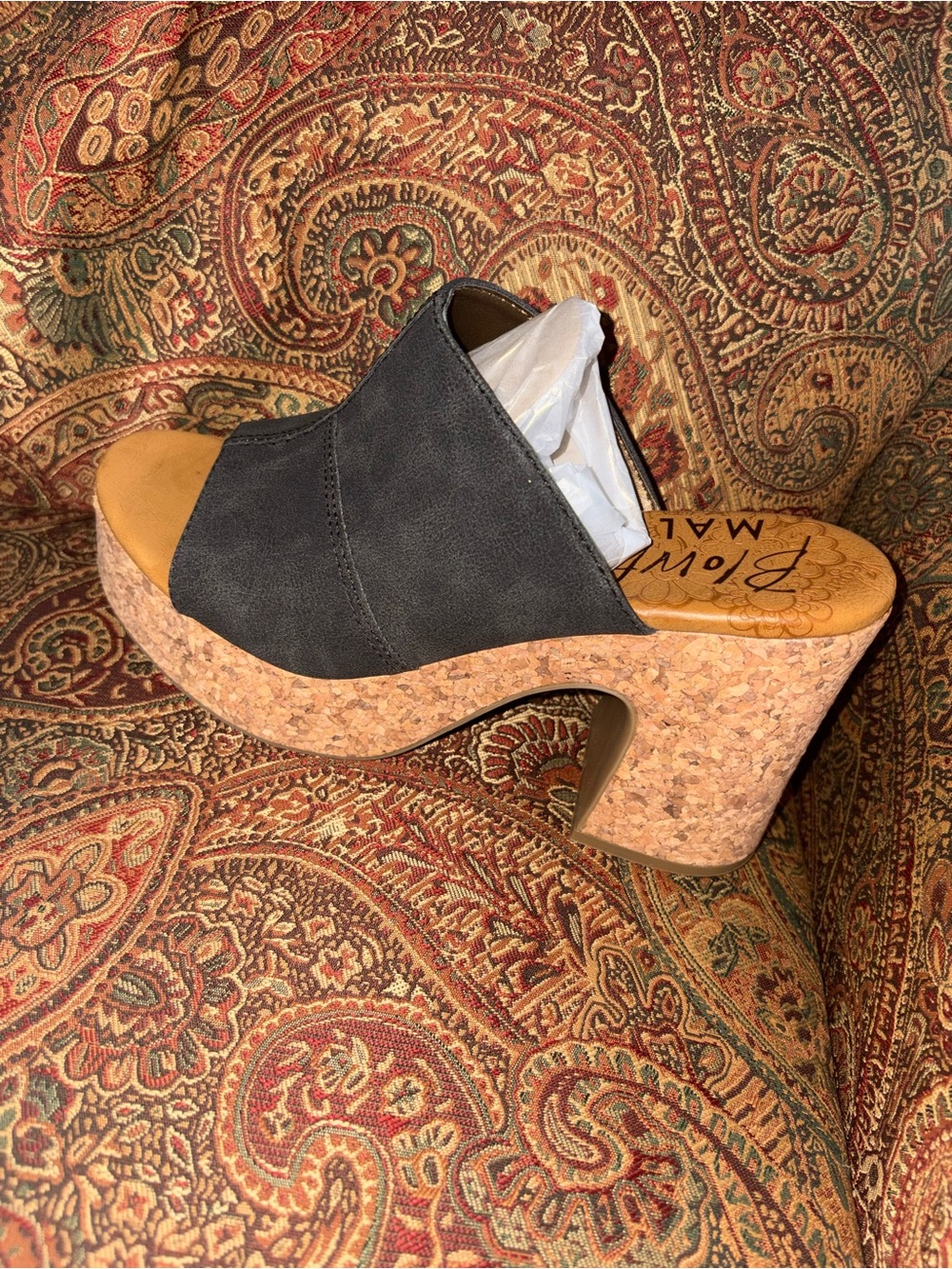 New in box!! Malibu Black Cork Wedge Slide